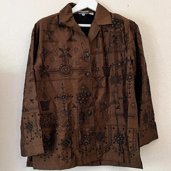 Chico's Jackets & Blazers - Chico's Design Womens Size 1 Silk Jacket Beaded Embroidered Bronze Shimmer Brown
